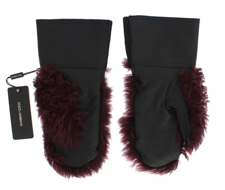 Elegant Black & Bordeaux Leather Gloves