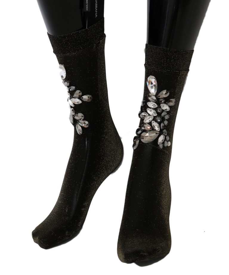 Crystal-Embellished Black Mid-Calf Stockings