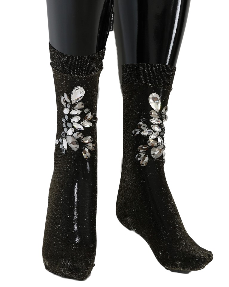 Crystal-Embellished Black Mid-Calf Stockings