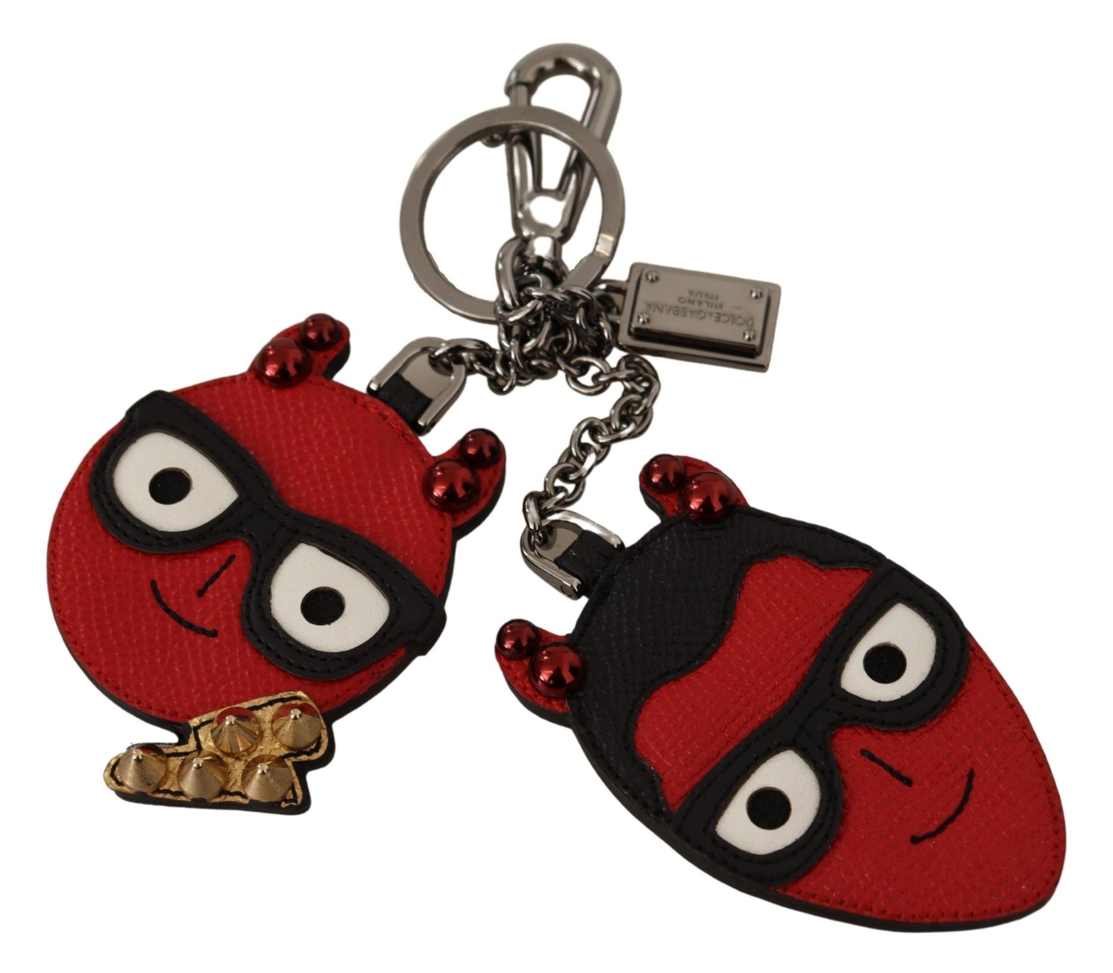 Red Leather Silver Tone Devil Studded Keychain