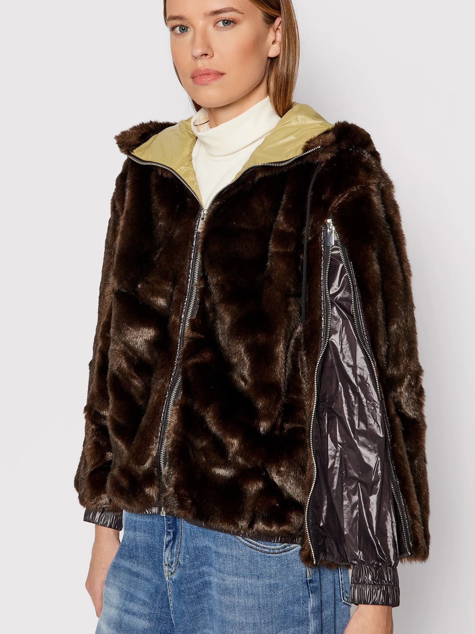 Chic Brown Zip-Up Faux Fur Jacket