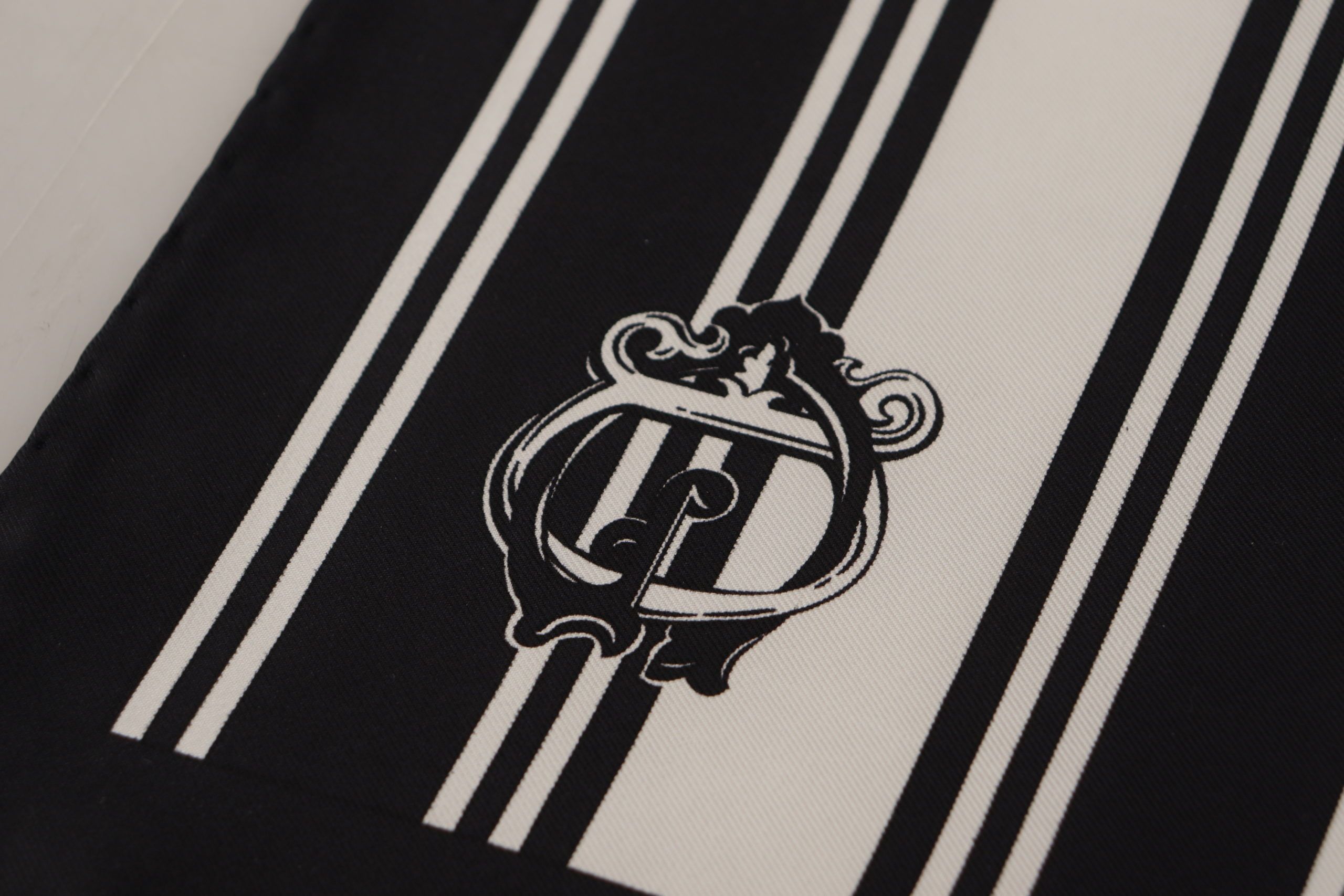 Black Silk Striped DG Logo Print Square Handkerchief Scarf