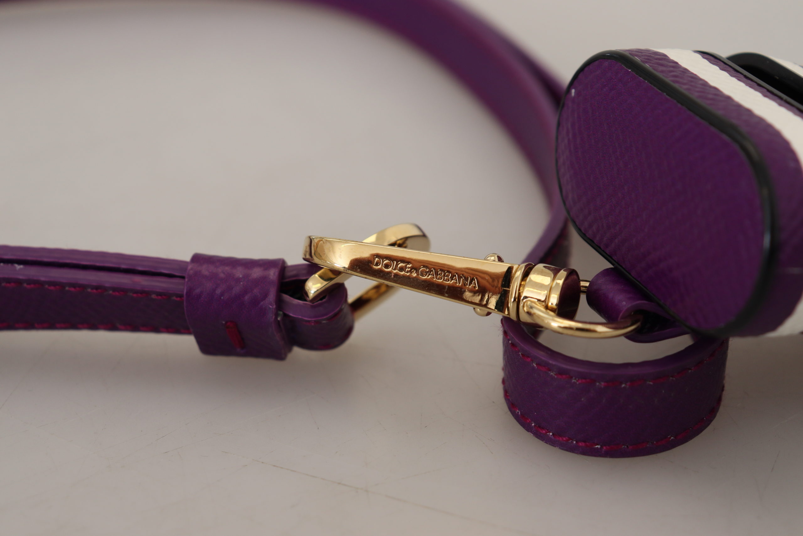 Purple Leather Strap Gold Metal Logo Airpods Case