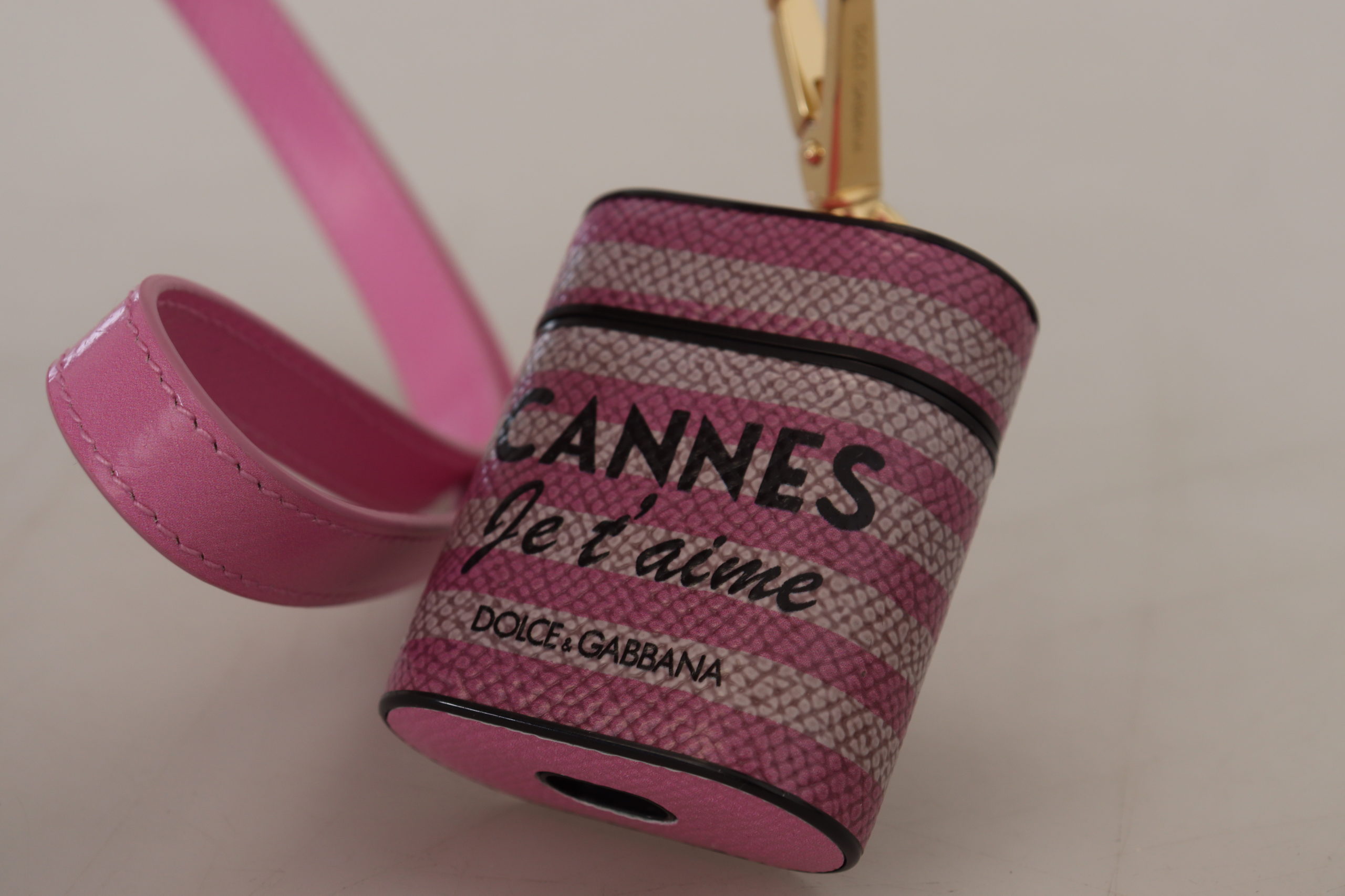 Pink Black Leather Strap Gold Metal Logo Airpods Case