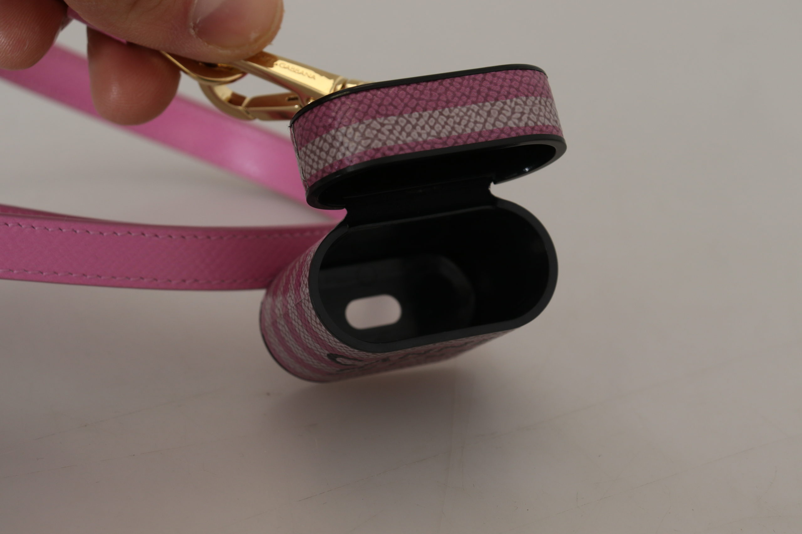 Pink Black Leather Strap Gold Metal Logo Airpods Case