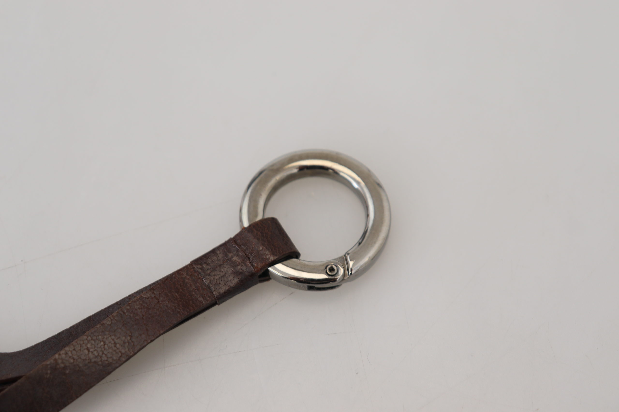 Brown Leather Silver Tone Metal Keyring Keychain