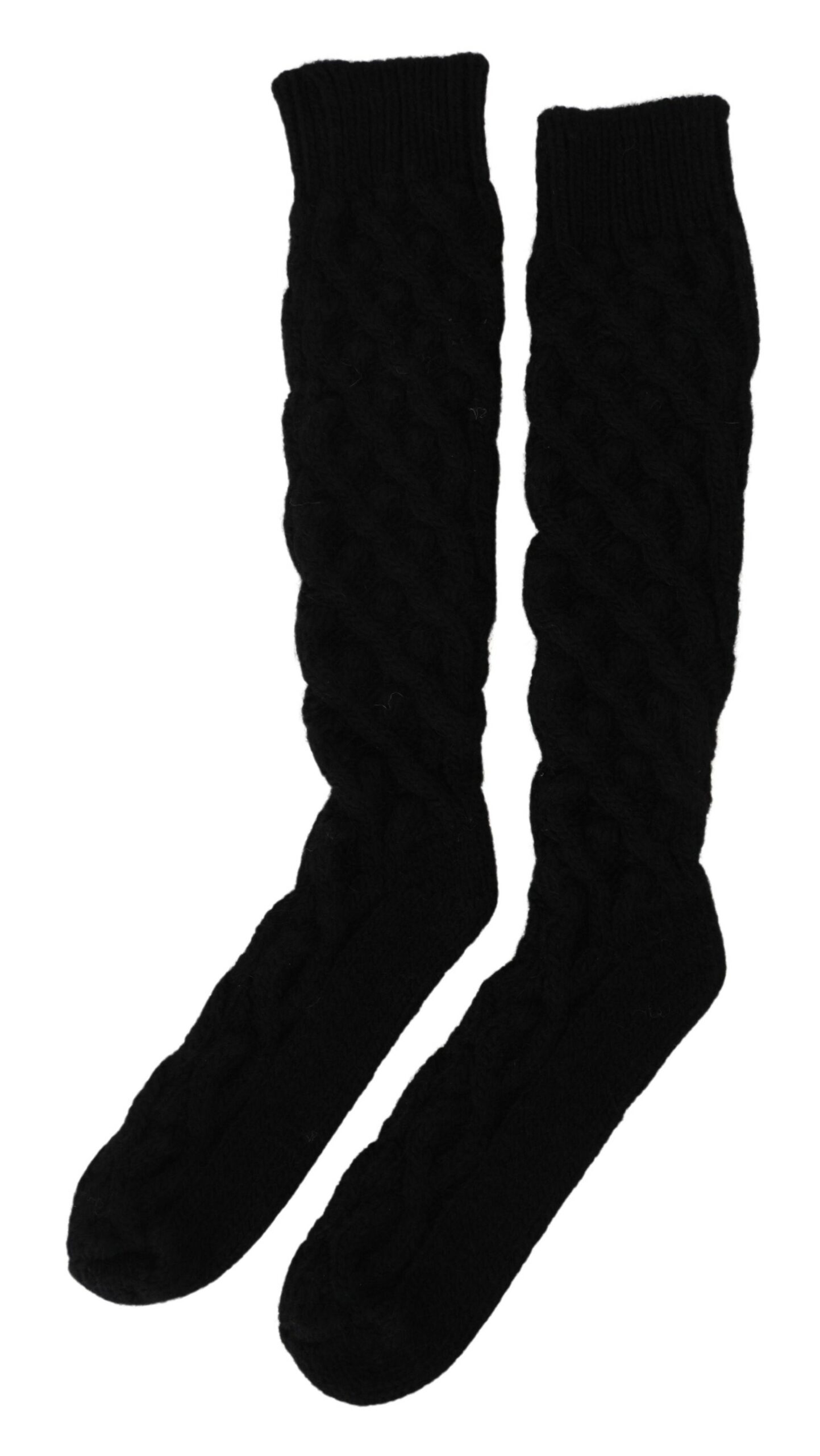 Black Solid Wool Knitted Calf Long Socks