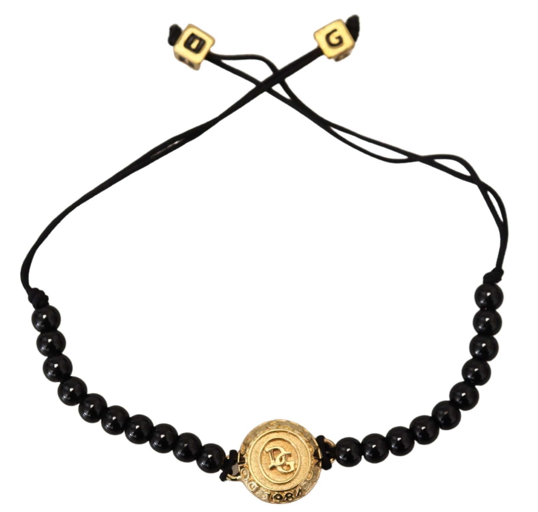 Black Beaded Gold Tone Brass Logo Branded Bracelet