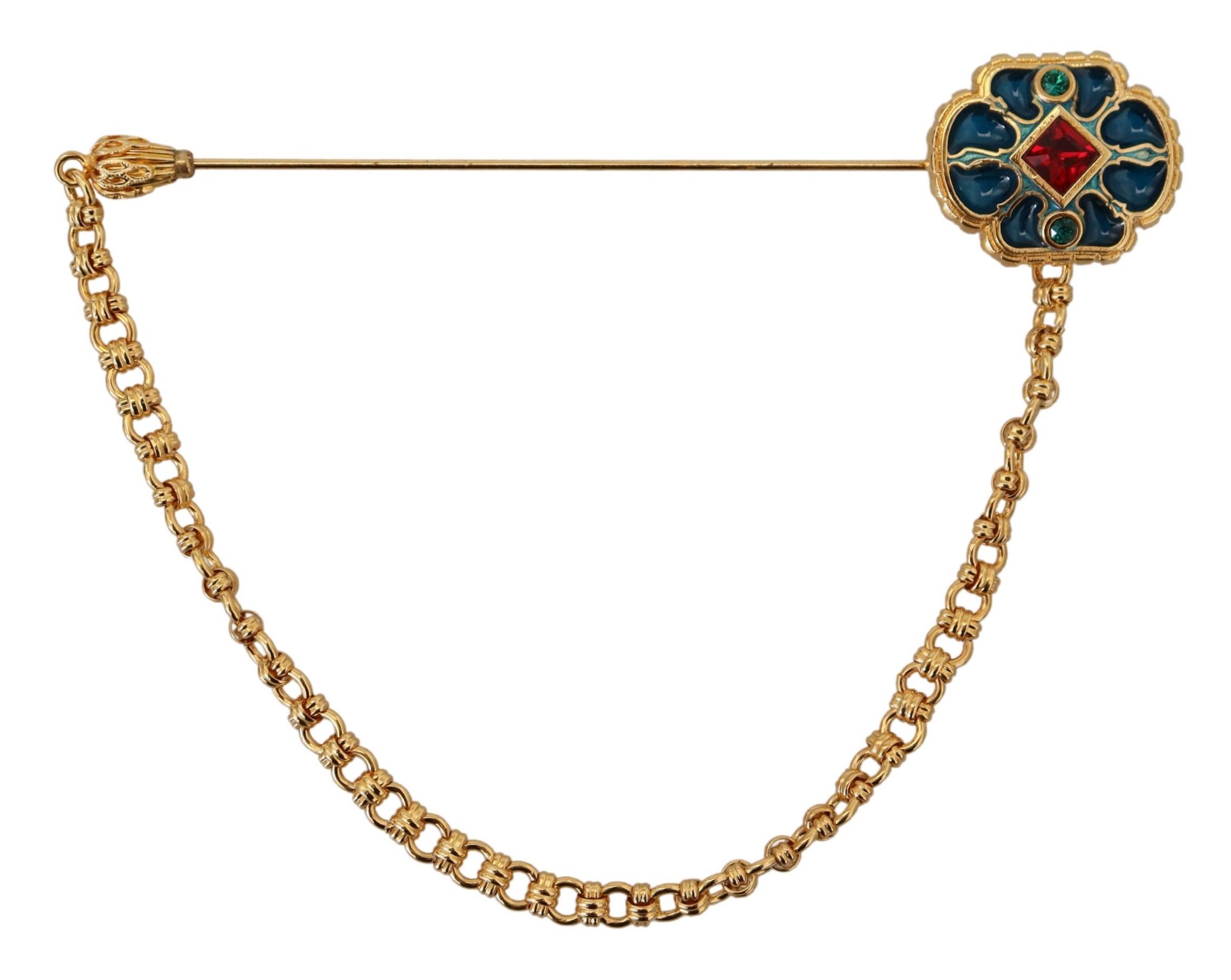 Gold Tone Brass Crystal Enamel Chain Pin Brooch