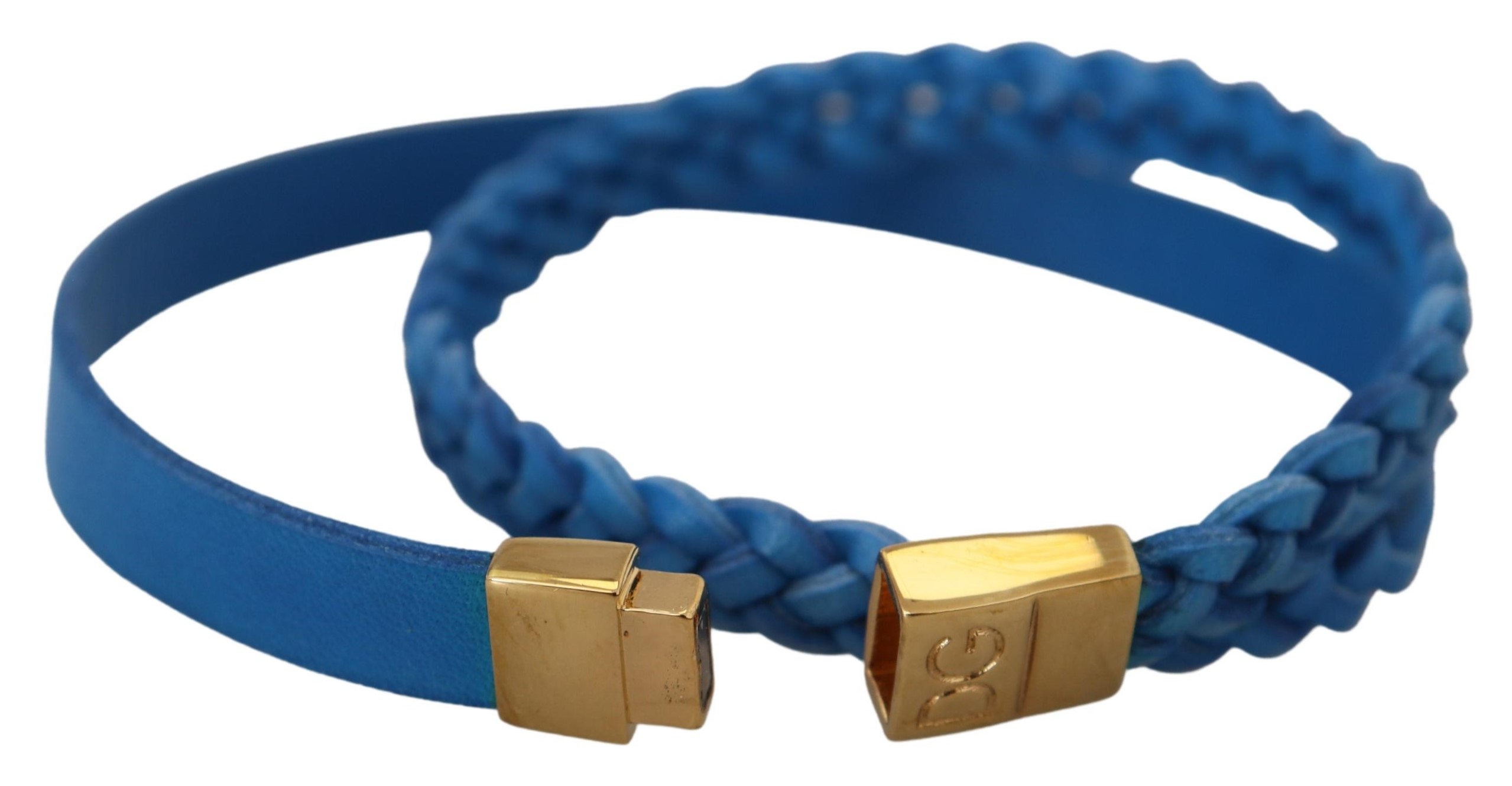 Blue Braided Wrap Around Leather Gold Brass Bracelet
