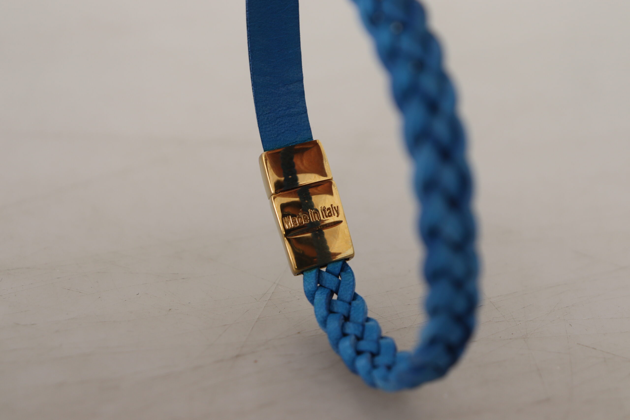 Blue Braided Wrap Around Leather Gold Brass Bracelet