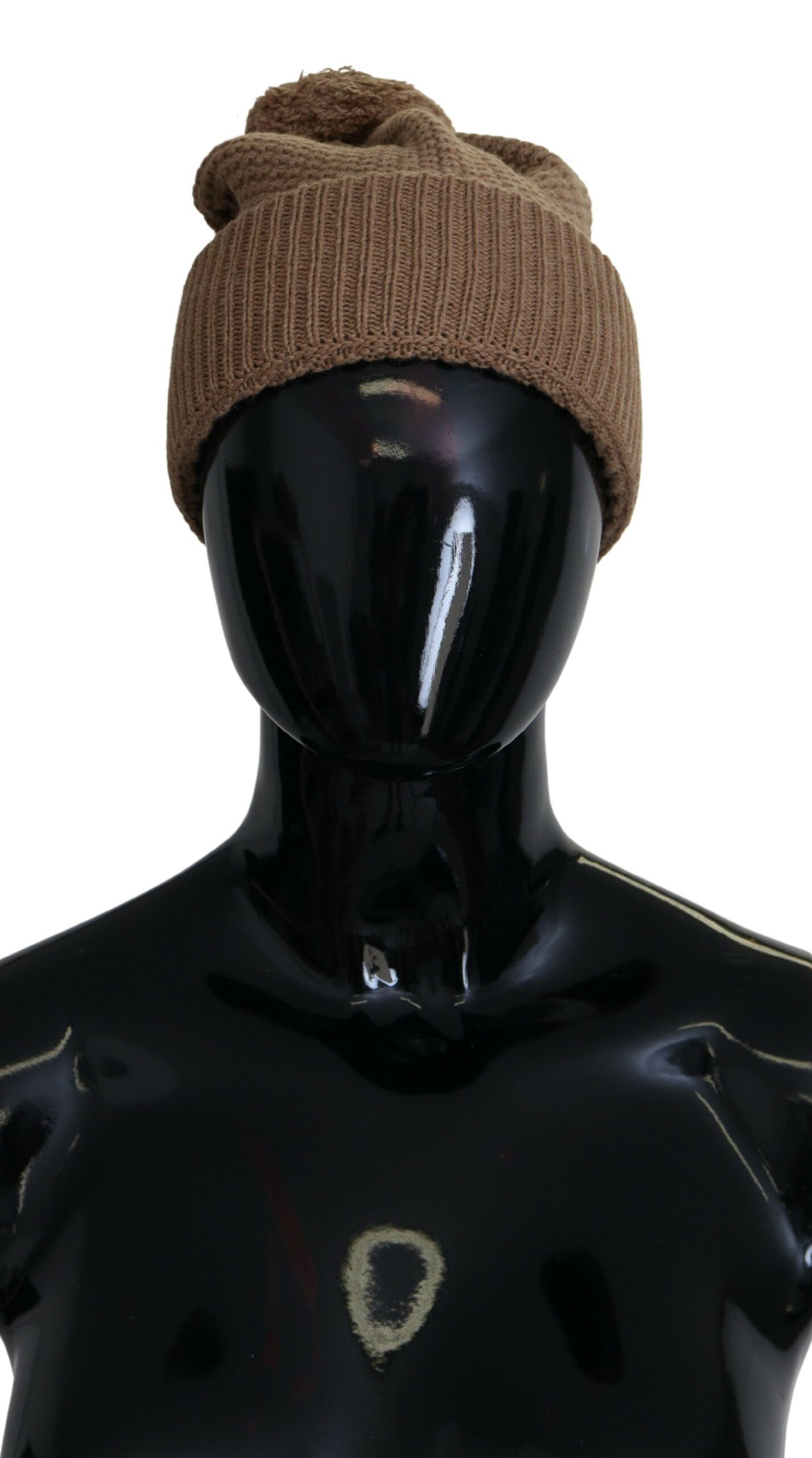 Brown Solid Knitted Fur Ball Winter Beanie Hat