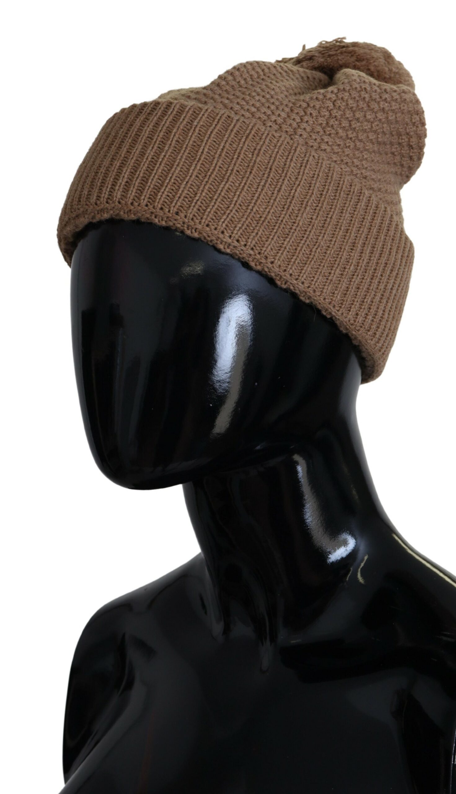Brown Solid Knitted Fur Ball Winter Beanie Hat