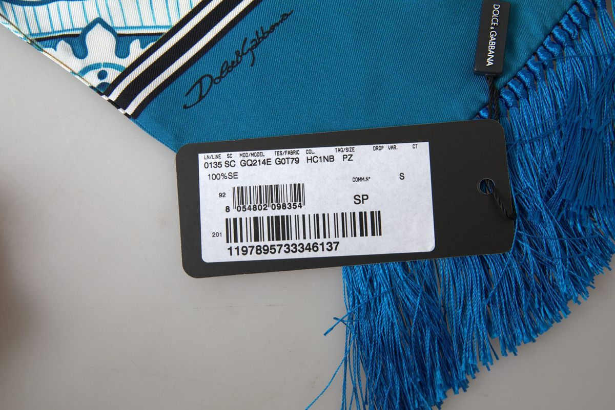 Blue Patterned Silk Neck Wrap Fringe Scarf
