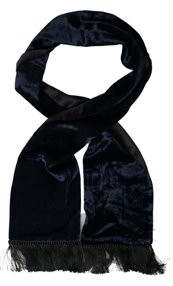 Dark Blue Velvet Silk Neck Wrap Fringe Scarf