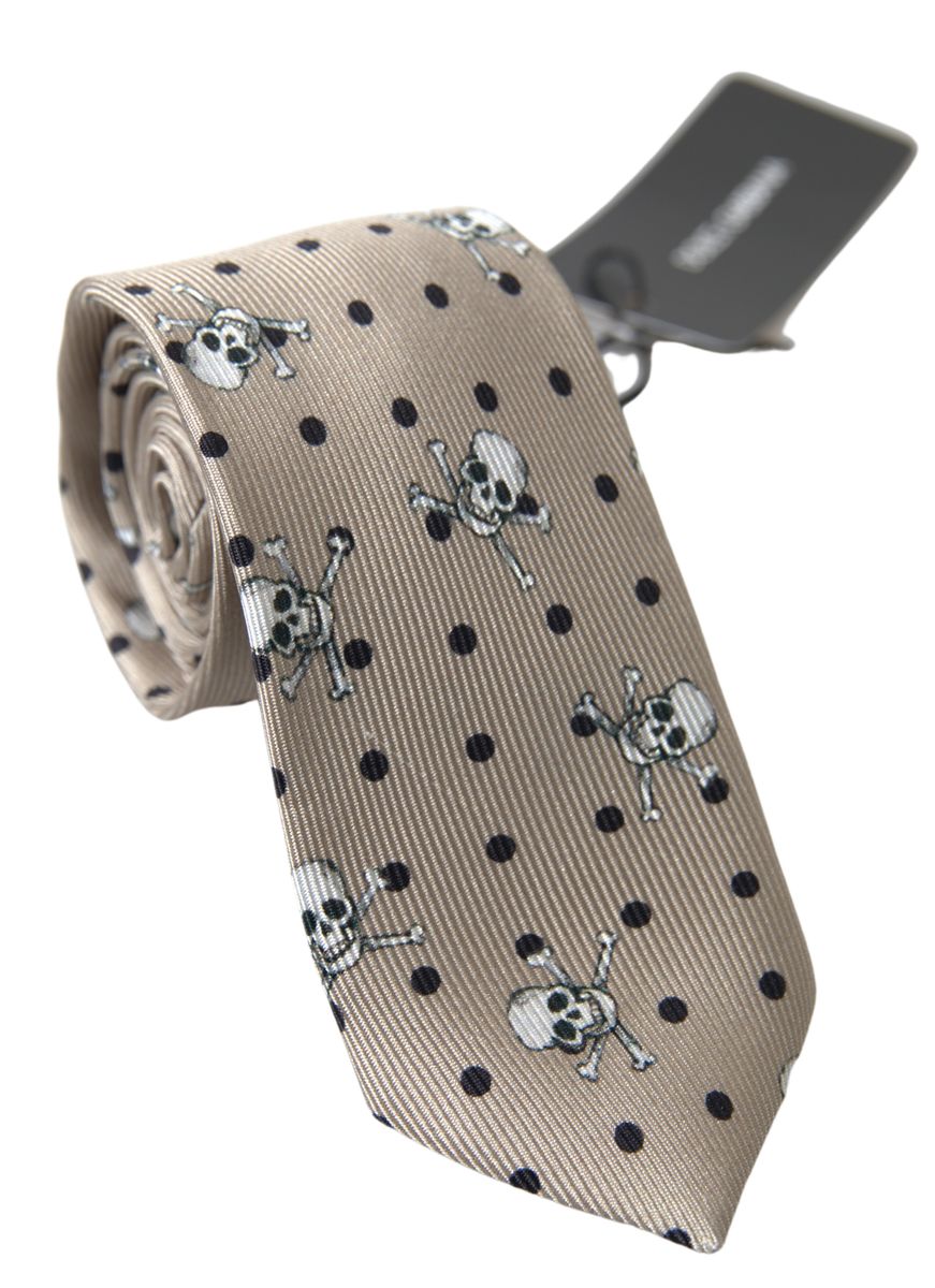 Beige Skull Cross Bone Print Adjustable Necktie Tie