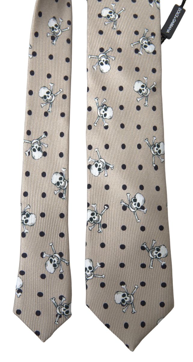 Beige Skull Cross Bone Print Adjustable Necktie Tie