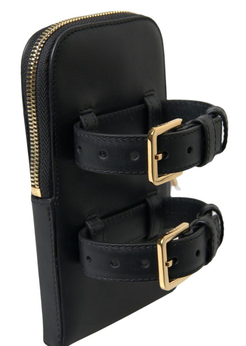 Black Leather Men Purse Double Belt Strap Bracelet Bag
