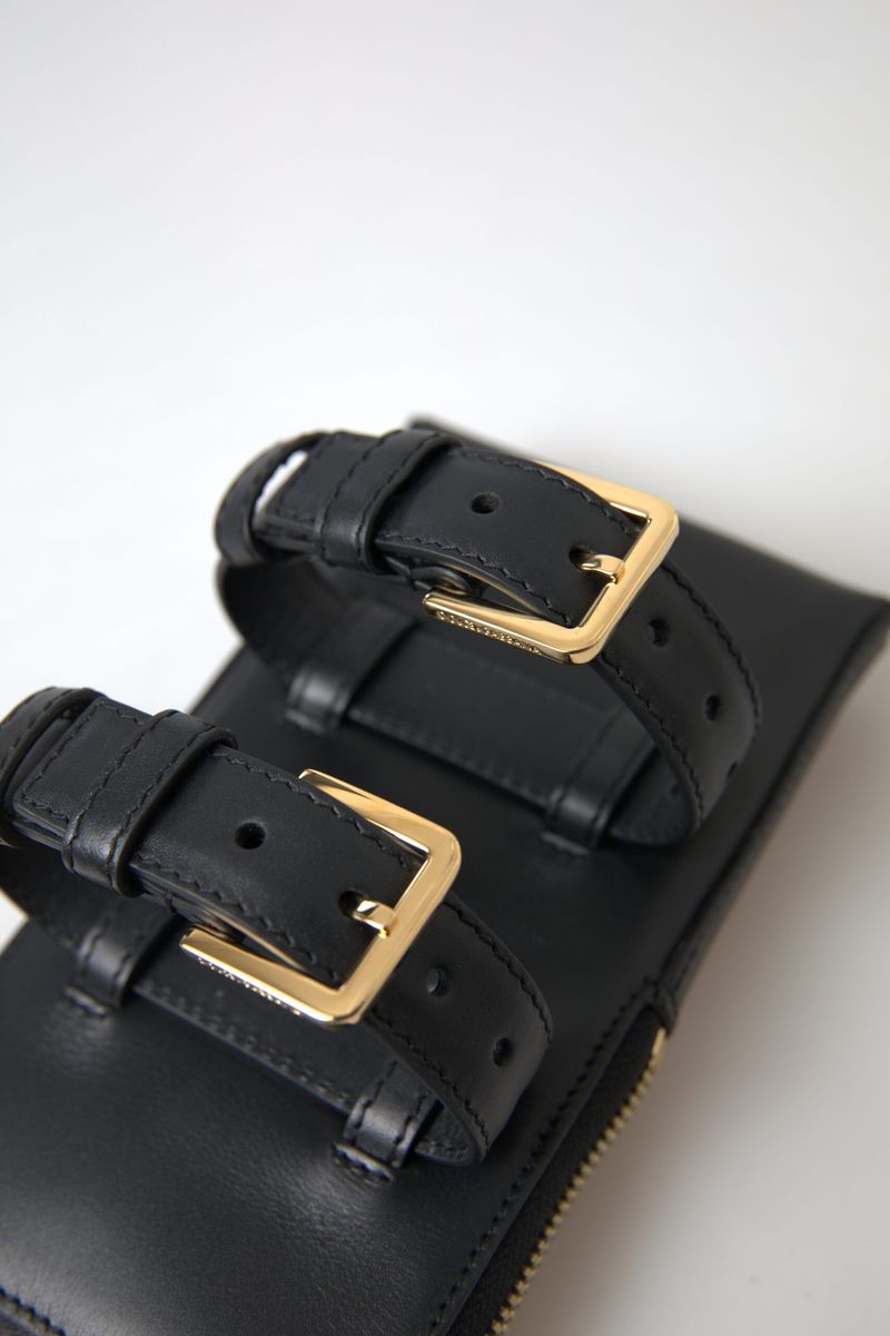 Black Leather Men Purse Double Belt Strap Bracelet Bag